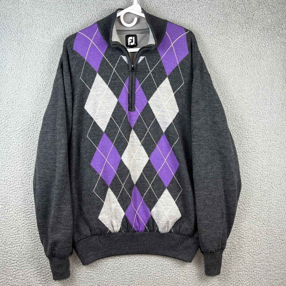 FootJoy Mens Argyle 1/4 Zip Lined Wool Golf Sweater Shacket Grey Purple Large